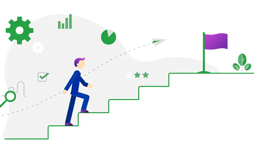 階段を登りゴールを見据える人のイラスト